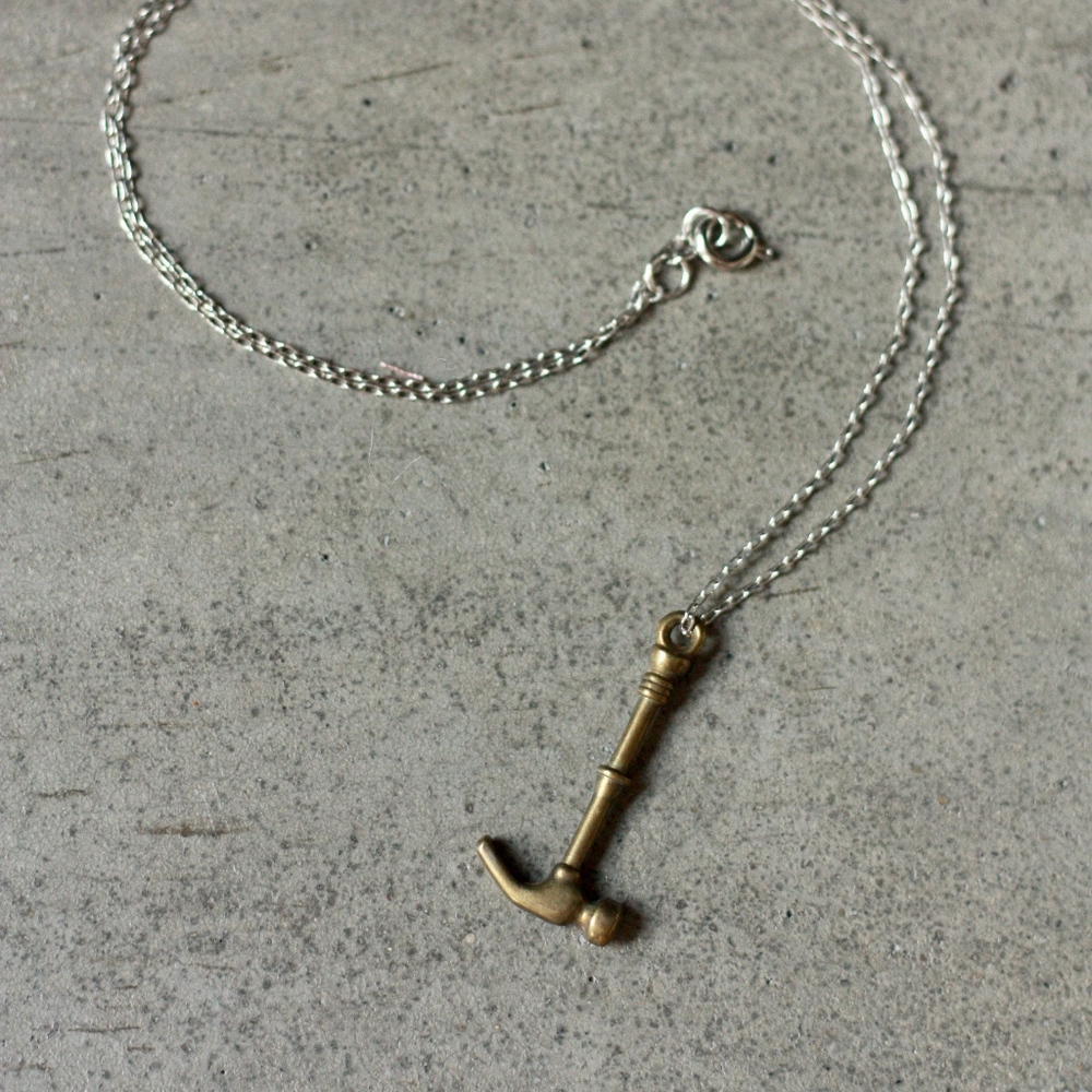 minimalist hammer charm necklace, brass/silver.